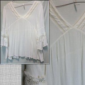 White Crepe Asymmetrical Embroidered Fluttery Top Medium